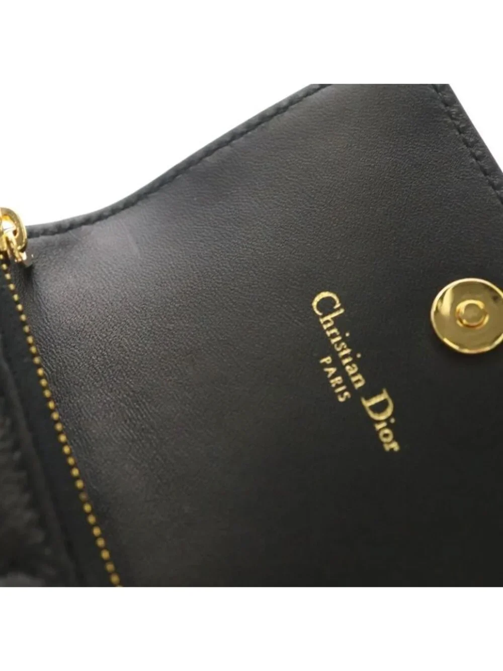 Dior Lady Cannage Card Case Business Holder Black Leather Gold